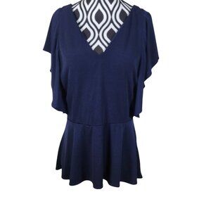 Navy Blue 7th Avenue New York & Company Womens Peplum Top Size S V-Neck Flutter